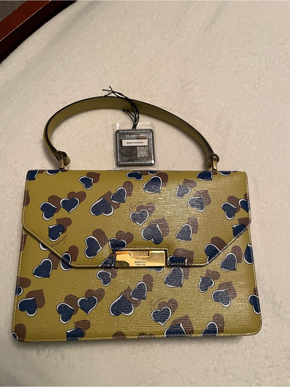 Gucci Yellow Leather Top Handle Satchel with Blue & Brown Heart Print